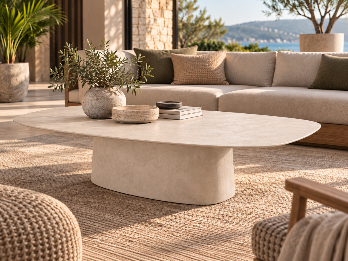 Mise en ambiance de la table basse Atoll Azura Light Sand sur une terrasse