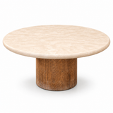 Table à café ronde Atoll Havana de 40 po, plateau clair en fibrociment et base cylindrique en teck