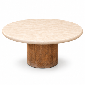 Table à café ronde Atoll Havana de 40 po, plateau clair en fibrociment et base cylindrique en teck