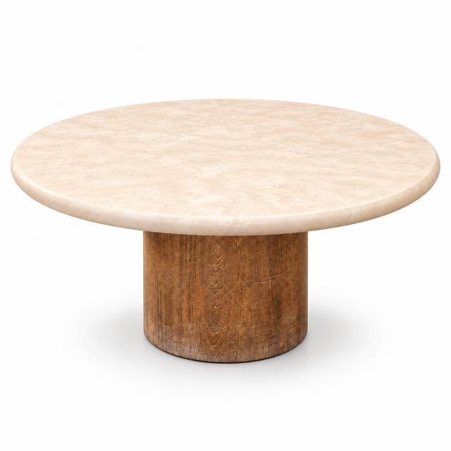 Table à café ronde Atoll Havana de 40 po, plateau clair en fibrociment et base cylindrique en teck