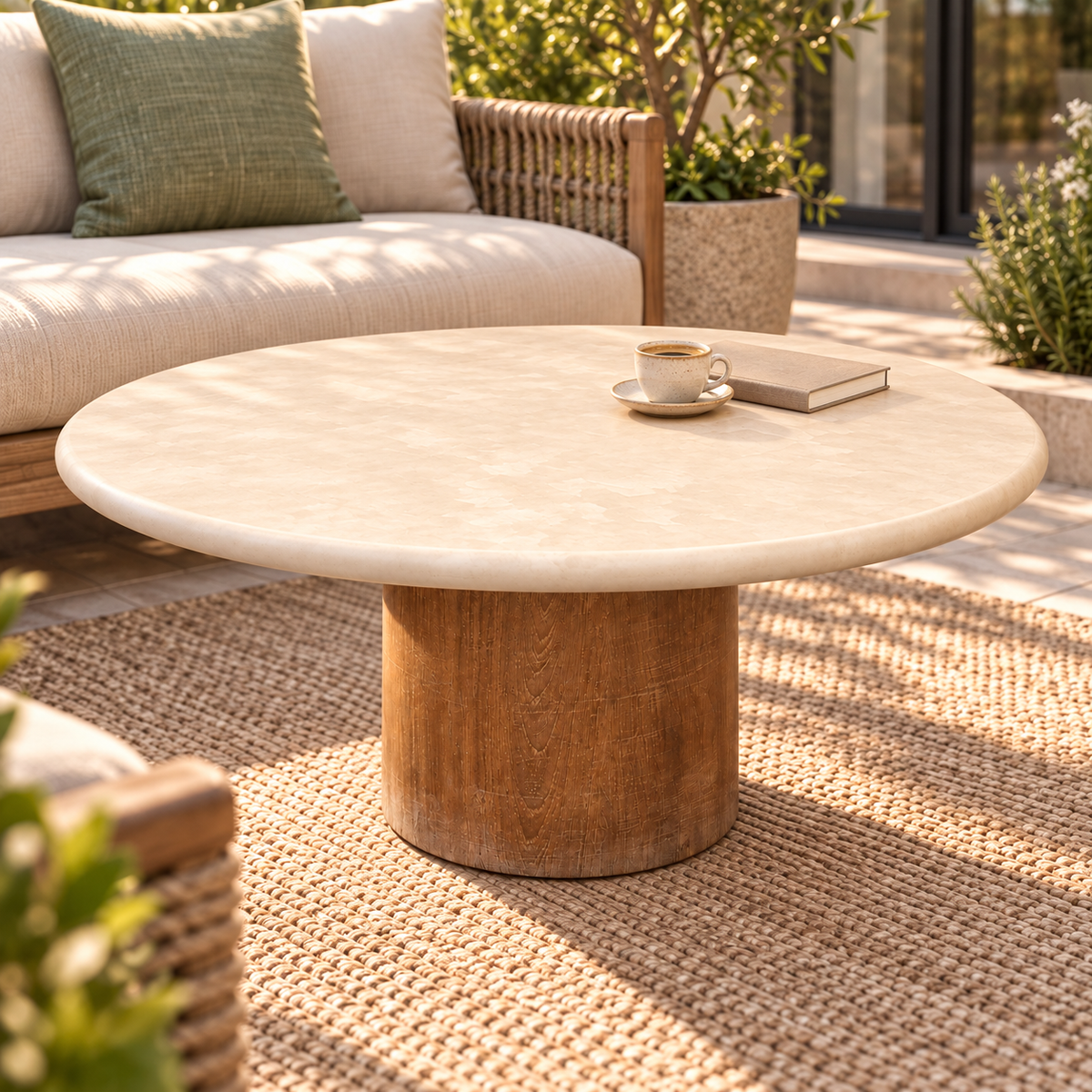 Table à café Atoll Havana avec plateau de 40 po en fibrociment et base en teck sur une terrasse