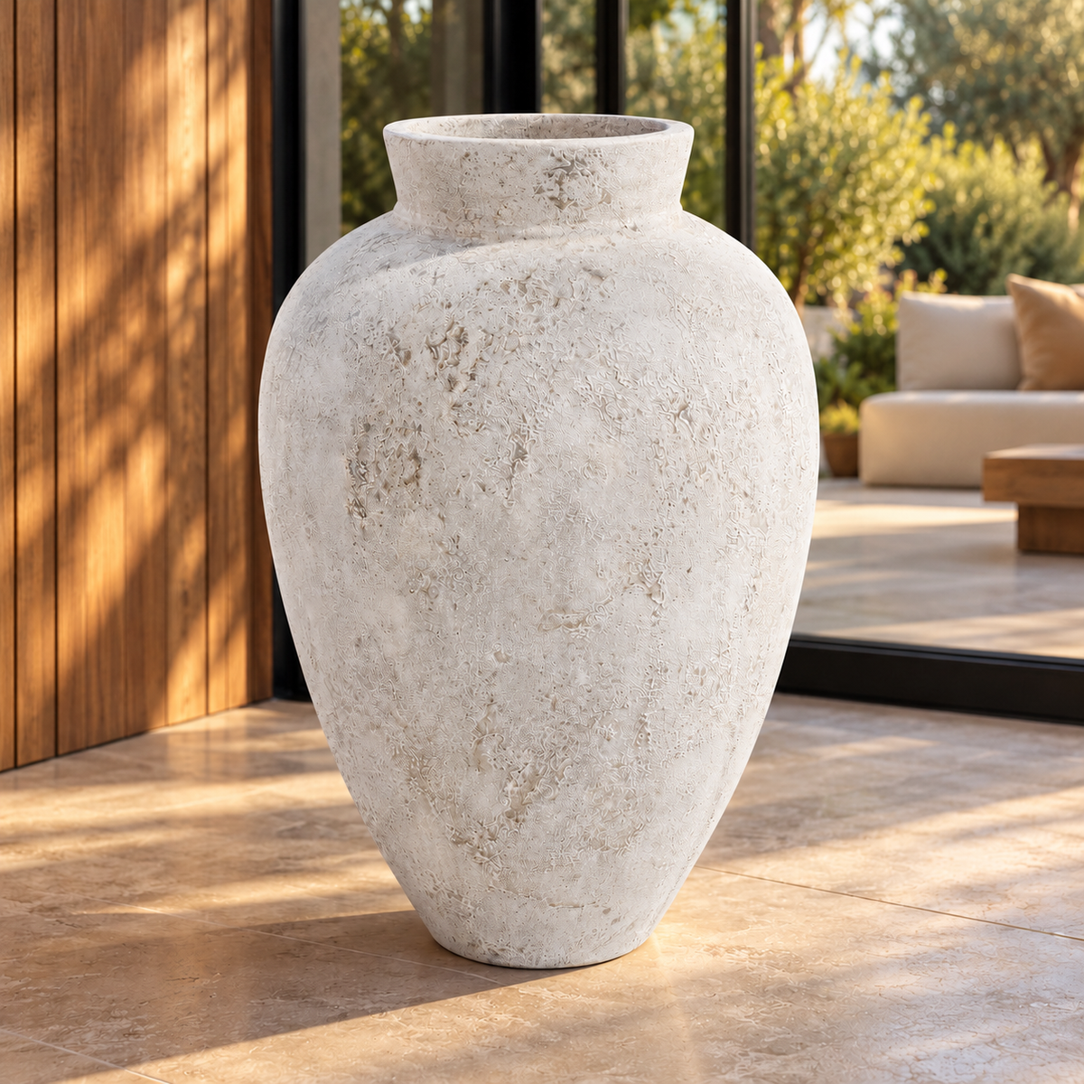 Vase décoratif Atoll Azura à forme arrondie et col évasé sur une terrasse