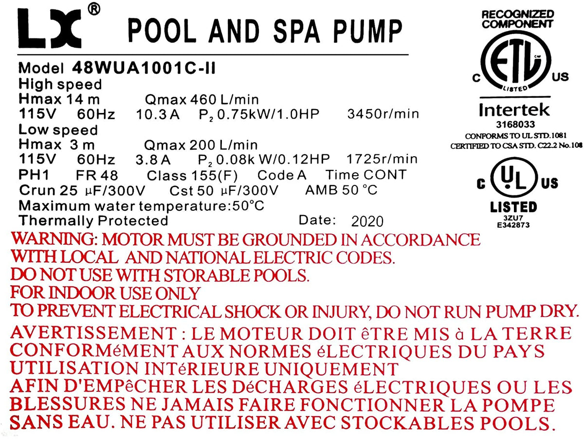 Pompe de spa LX 48WUA1001C-II – 1 HP, 2 vitesses, 115 V